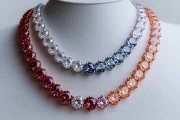 Obraz premium Gemstone necklaces in red, blue, and orange displayed elegantly on a jewelry stand, perfect for luxury catalogs and fashion photography.