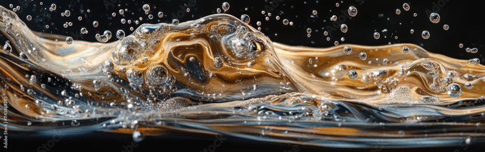 Poster Close-up view of water droplets and bubbles creating beautiful patterns in dynamic liquid movement