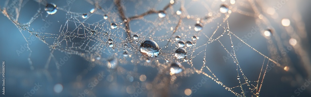 Poster dew drops glisten on a delicate spider web at dawn in a tranquil outdoor setting