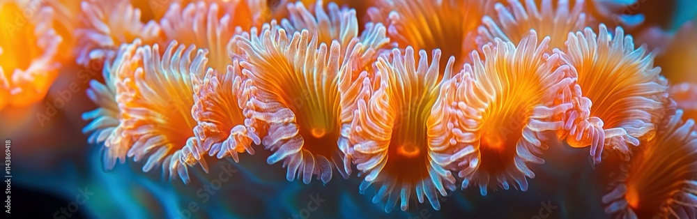 Poster close-up view of colorful coral polyps displaying their vibrant tentacles under ocean light