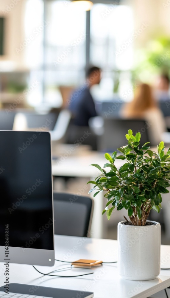 Poster Close-up of an iMac and a small plant on a desk in a modern office environment with colleagues in the background