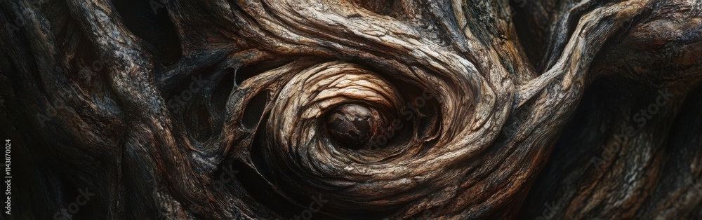 Poster Close-up view of intricate tree knot showcasing detailed grain patterns and natural texture