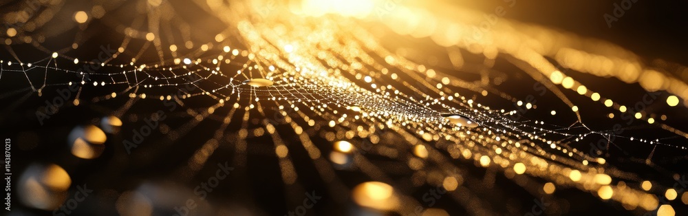 Poster close-up view of a delicate spider web adorned with shimmering dewdrops at sunrise in a tranquil out