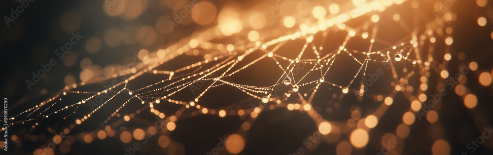 Poster close-up capture of a delicate spider web adorned with shimmering dewdrops in the morning light
