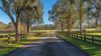 Fototapeta premium Country lane lined with trees and fences, leading to a grassy field under a bright sky.