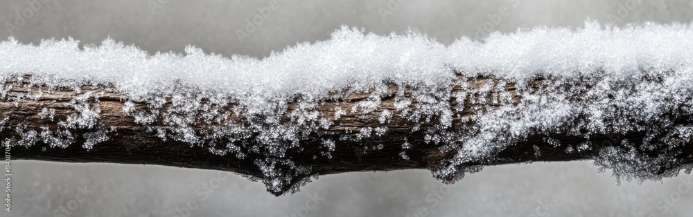 Poster Close-up view of snow-covered branch showcasing winter's beauty and delicate frost patterns in a tranquil setting