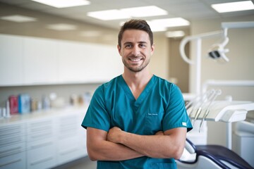 dentist standing in his dental office. He is wearing a teal scrub top and has a friendly, approachable smile.