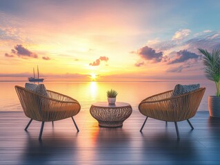 Obraz premium Tranquil Sunset Serenity Seaside Relaxation at Golden Hour