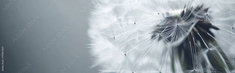 Poster close-up view of a delicate dandelion puff against a soft background highlighting its intricate deta