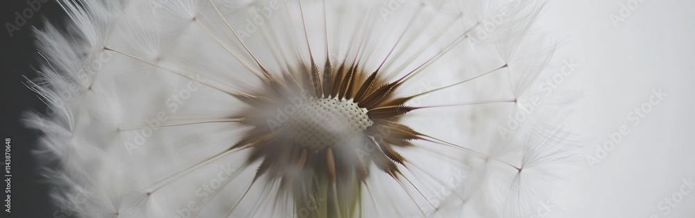 Poster close-up view of a delicate dandelion puff showcasing intricate details and soft textures in natural