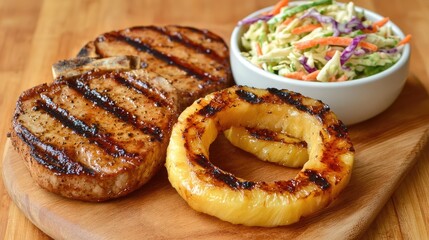 Grilled Pork Chops with Caramelized Pineapple Ring and Fresh Coleslaw on a Wooden Cutting Board, Perfect for Summer Barbecues and Outdoor Dining