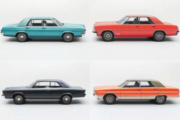 Fototapeta premium Four classic cars in vibrant colors and vintage designs displayed in side view against a white background, perfect for automotive themes and retro concepts.