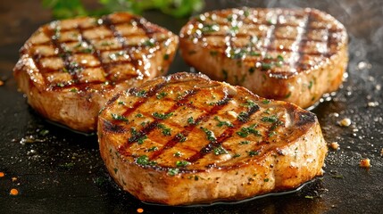 Grilled Pork Chops with Perfect Grill Marks, Sprinkled with Fresh Herbs and Black Pepper, Ready to Serve on a Dark Slate Background for Delicious Cuisine Photography