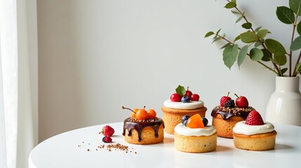 Delectable Mini Cakes Decorated with Fresh Berries and Chocolate Ganache, Arranged on a Pristine White Table