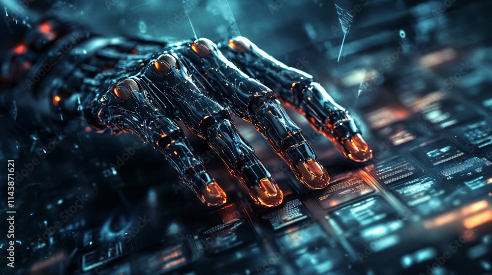 Poster a futuristic robotic hand interacts with a digital keyboard, showcasing advanced technology and intr