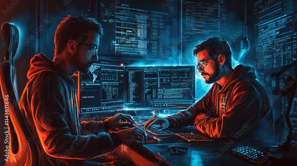 Poster two men engaged in coding at dark tech-themed workspace, illuminated by blue and red hues.