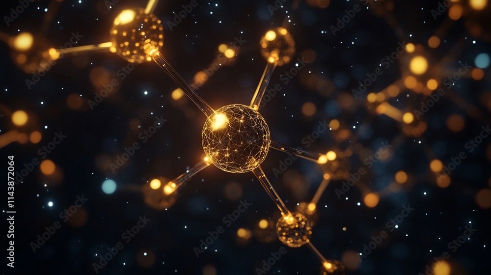 Poster abstract representation of molecular structures in a dark, glowing environment.