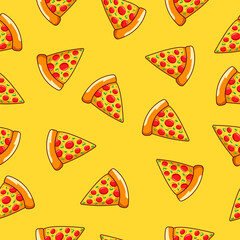 Pizza seamless pattern on yellow background. Pizza slice with topping motif. Vector illustration