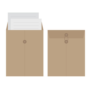 Brown envelope with string vector illustration on white background. Envelopes are office supplies or organizational documents.