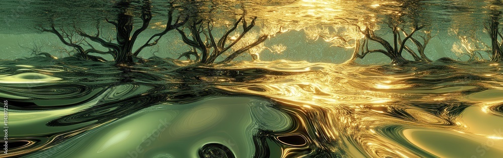 Poster Intricate abstract water surface reflecting shimmering light and twisted trees at dusk
