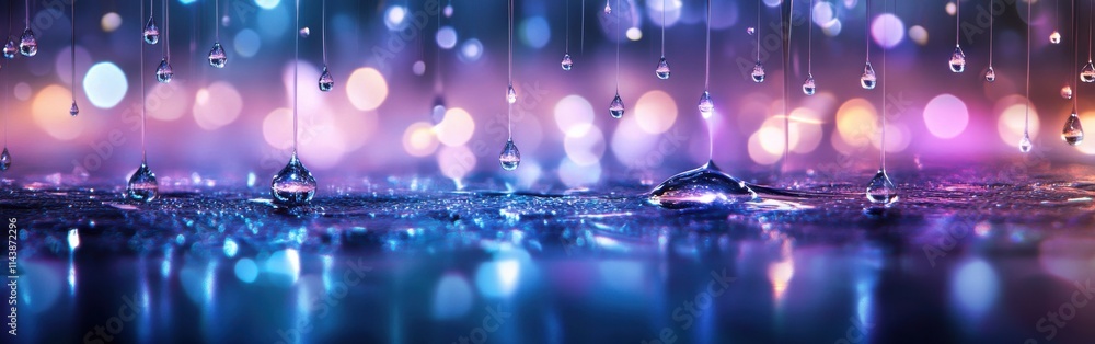 Leinwandbilder Water droplets cascade gracefully in an abstract design with vibrant colors and soft bokeh effects
