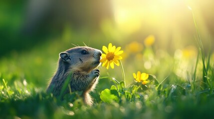 Cute baby marmot smelling yellow flower in sunset.
