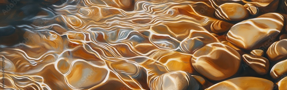 Poster abstract depiction of flowing water over smooth pebbles in a serene setting with light reflections