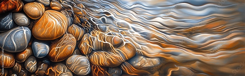 Poster Abstract view of water flowing over smooth pebbles creating a serene natural pattern in bright colors