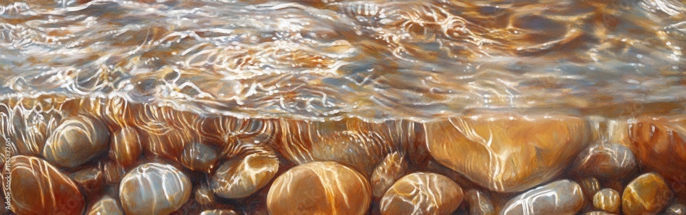 Poster abstract view of water flowing gracefully over smooth pebbles in a tranquil stream during daylight