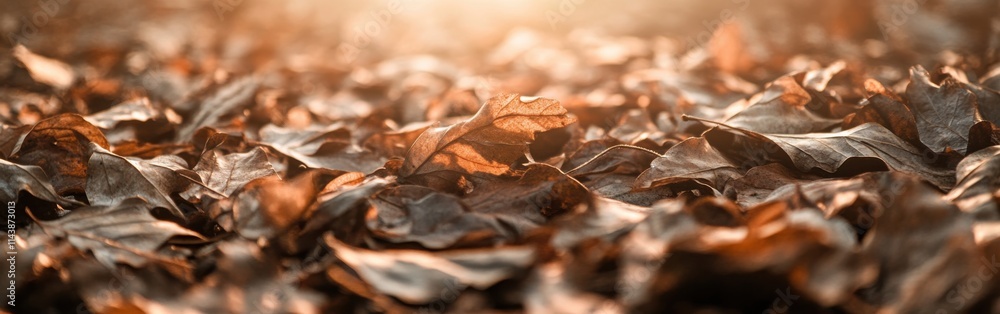 Poster sunlit forest floor filled with autumn leaves creating a warm and inviting natural ambiance