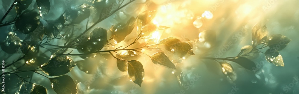 Aufkleber light filters through leaves, creating an ethereal atmosphere in a serene natural setting during ear