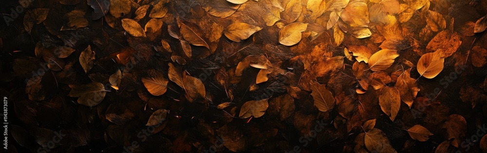 Poster golden leaves create an enchanting tapestry on the forest floor under soft sunlight beams