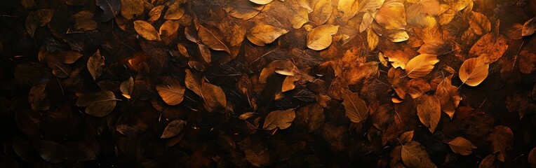 Golden leaves create an enchanting tapestry on the forest floor under soft sunlight beams