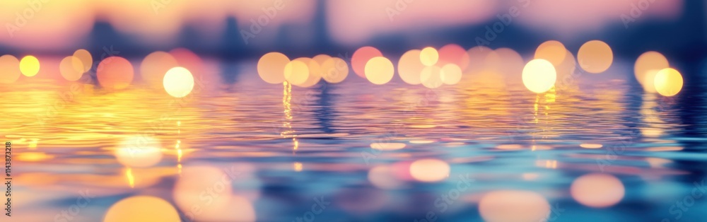 Poster reflection of vibrant city lights shimmering on tranquil water creates a mesmerizing abstract specta