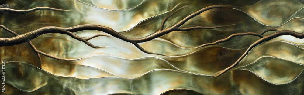 Poster reflections of tree branches create an abstract pattern on water surface during sunset in a tranquil
