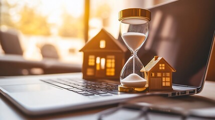 An hourglass and miniature houses on a laptop, symbolizing time and real estate.