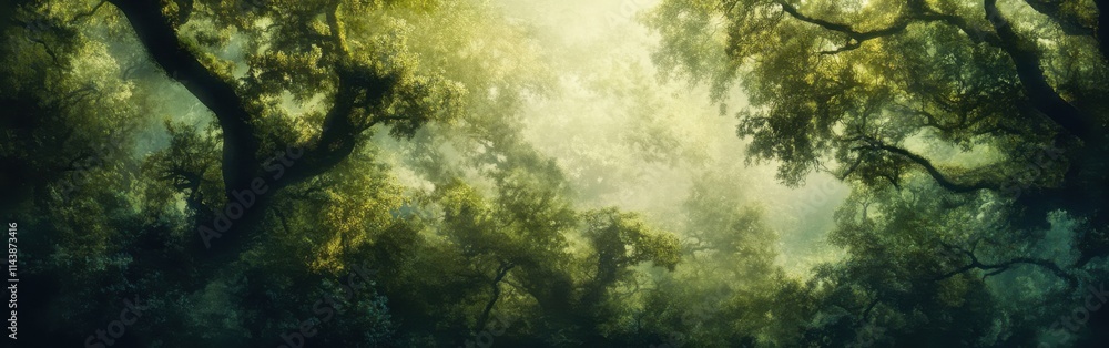 Poster lush tree canopies create a vibrant tapestry of green light in a serene forest