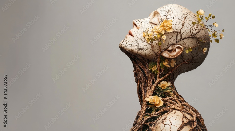 Poster artistic representation of a human figure merging with nature featuring intricate details of root an