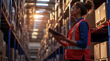 Logistics checklist warehouse concept. A warehouse worker checks inventory on a digital device, surrounded by shelves filled with boxes in a well-lit environment.