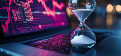 An hourglass on a laptop with stock market graphs in the background.