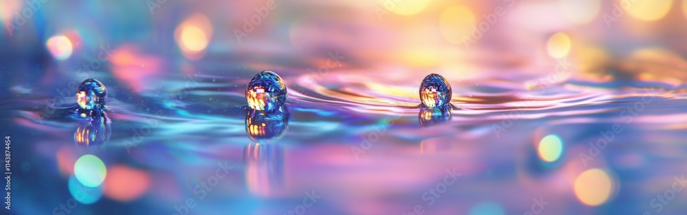 Poster Rain droplets create ripples on the surface of water during a colorful atmospheric display at sunset