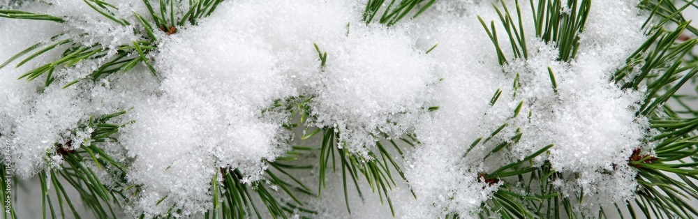 Poster close-up view of snow-covered pine needles in a winter landscape showcasing intricate details and te