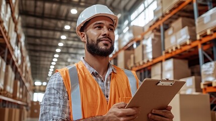 Logistics checklist warehouse concept. A warehouse worker in an orange vest and helmet inspects inventory while holding a clipboard in a storage facility.