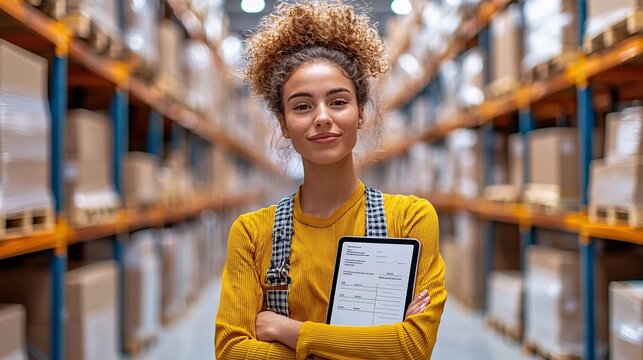 Logistics checklist warehouse concept. A confident woman in a warehouse smiles while holding a tablet, surrounded by shelves stacked with boxes.