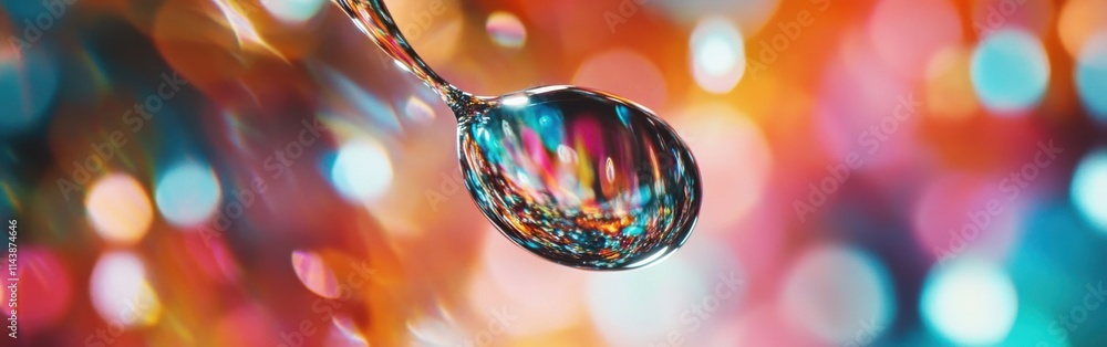 Fototapete close-up view of a droplet suspended in a reflective spoon with colorful bokeh background