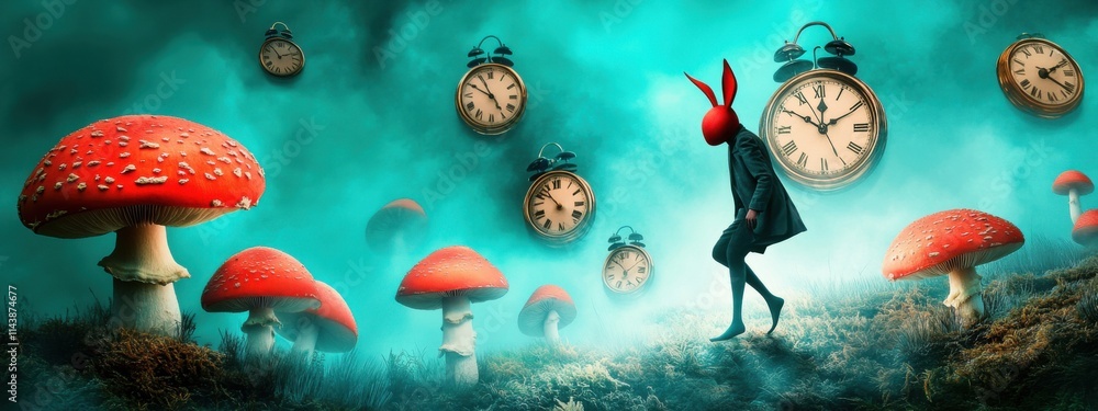 Poster surreal scene featuring a mysterious figure with rabbit ears amidst enchanted mushrooms and floating