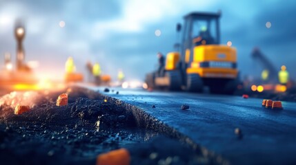 Blur background of construction site is laying new asphalt road pavement, road construction