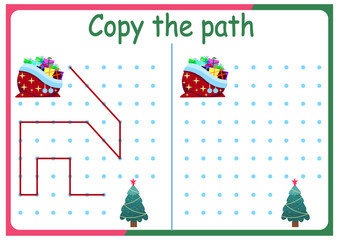 activities for children. Copy the path. Logic games for children. Vector illustration. The book is square format. New Year. Christmas	
