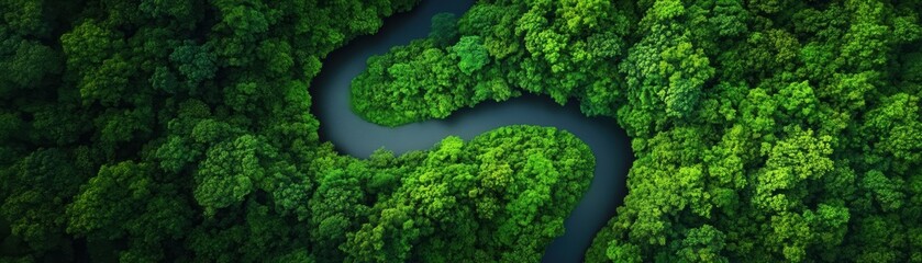 Naklejka premium Lush green trees surround a winding river, illuminated by golden sunlight, showcasing the beauty of nature and serene landscapes.