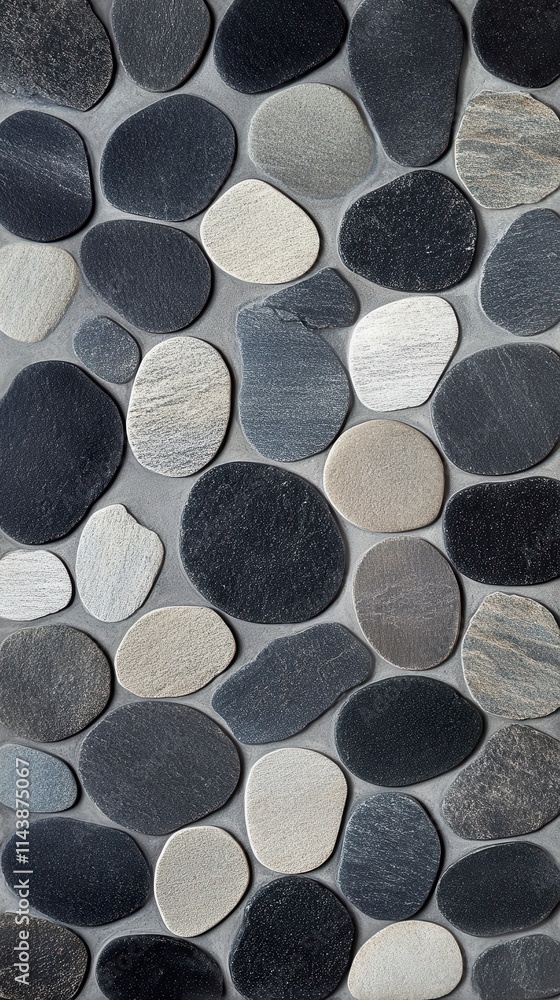 Poster Textured composition of smooth pebbles in various shades of gray and cream set against a dim background